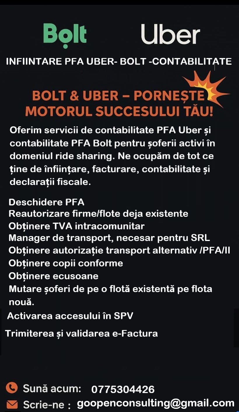 Înființarea PFA pentru Uber - bolt, Sector 3 - Bucuresti - imagine 1 - popic.ro
