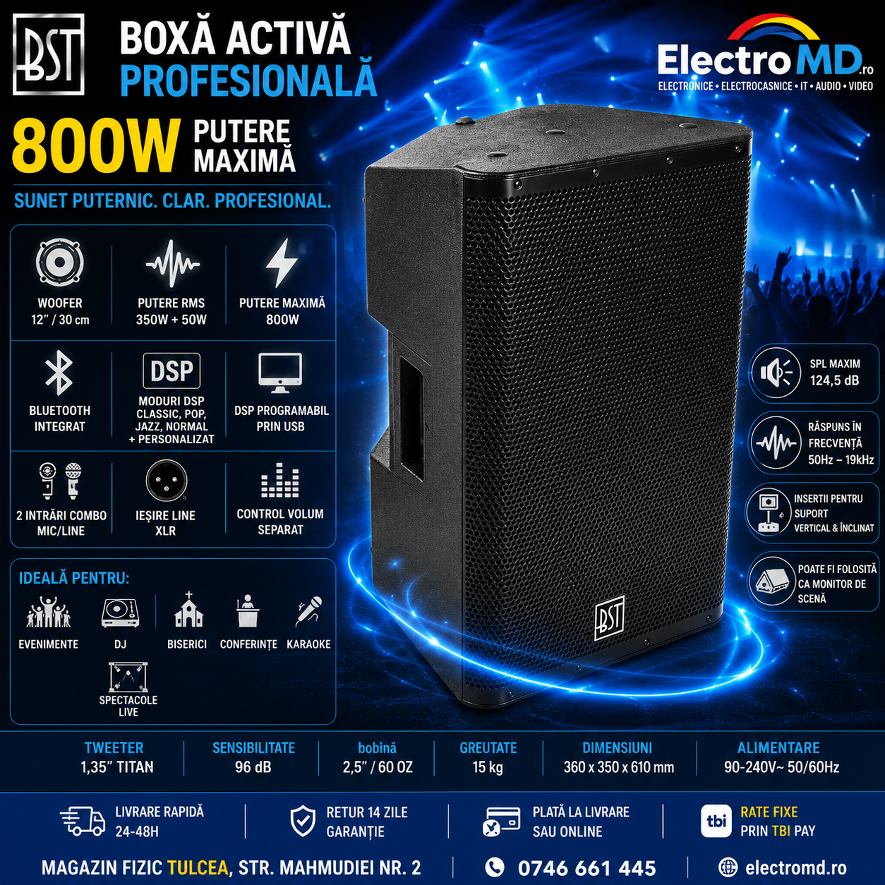 Boxă activă profesională de 800W cu woofer de 12", DSP si BT, Tulcea - Tulcea - imagine 1 - popic.ro