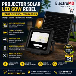 Reflector Solar LED 60W REBEL cu Panou 6W și Telecomandă – IP65, Lumin, Tulcea - Tulcea