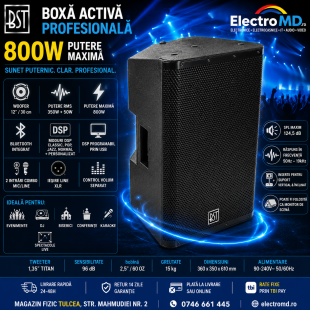 Boxă activă profesională de 800W cu woofer de 12", DSP si BT, Tulcea - Tulcea
